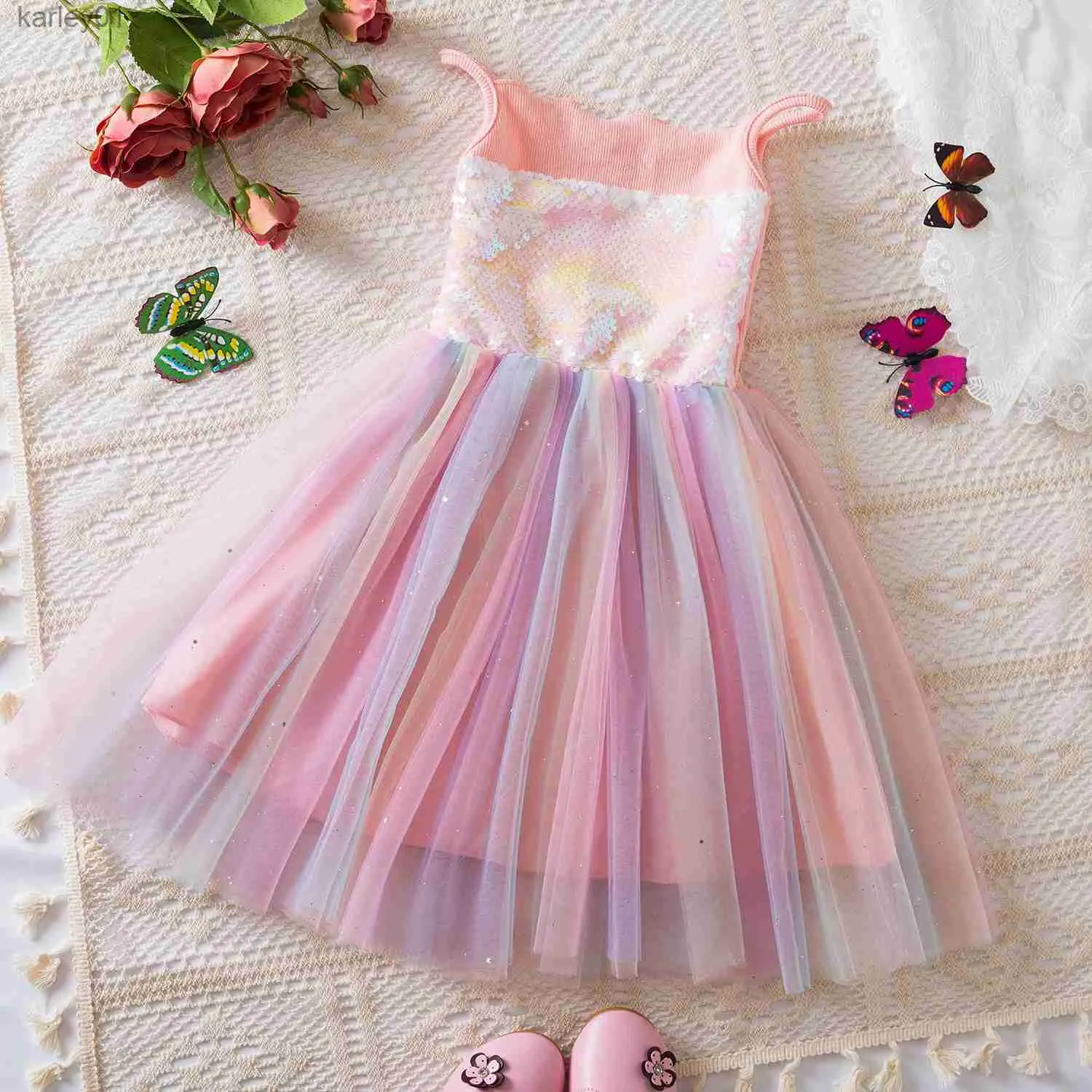 Girl's Dresses Sequin Baby Girl Dress for Summer Casual Kids Clothes 2 4 6 Yrs Suspender Sleeveless Birthday Party Princess Dress for Girls yq240327
