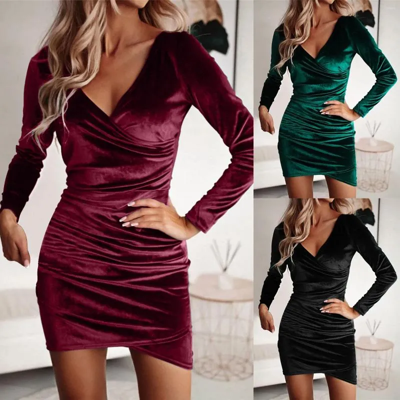 Casual Dresses Women's Solid Color Pleated Long Sleeve V Neck Ruched Midi Dress Womens Women With Pockets Surplice