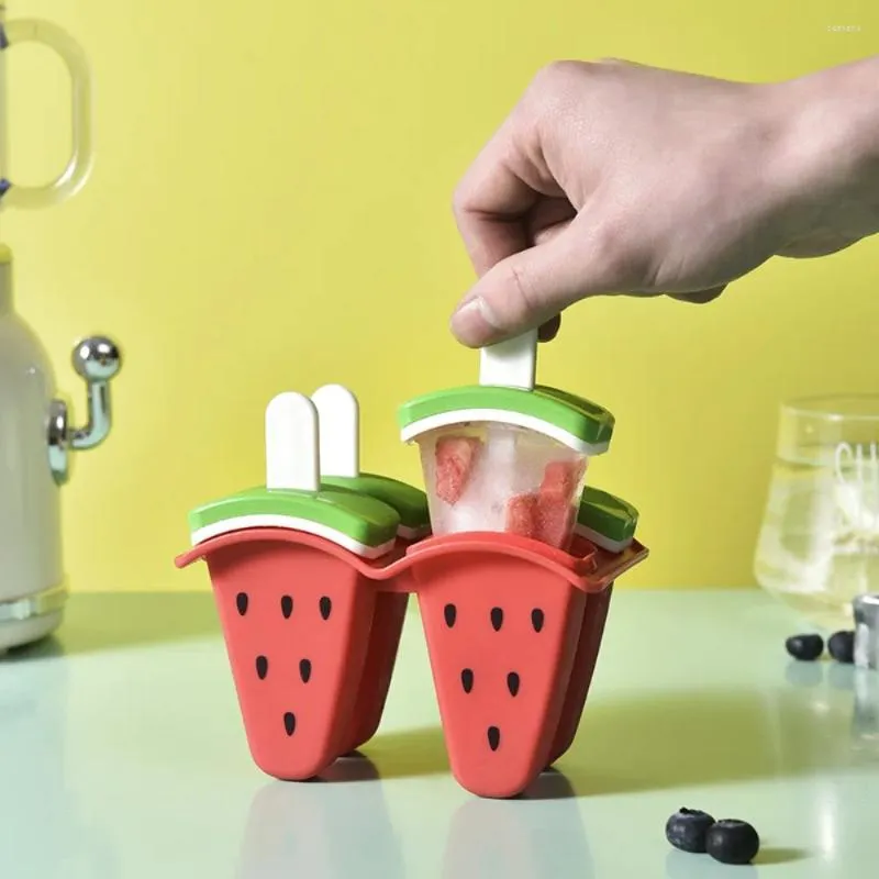 Bakning formar 4-kavitet vattenmelonform popsicle mögel glass gör verktyg plast med pinnar sorbet mögel återanvändbar pudding sommar
