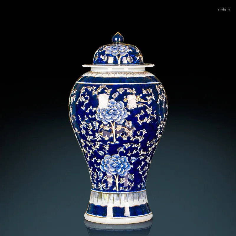 Vases Master Hand Painted Gold And Blue Porcelain Temple Jar Jingdezhen Ceramic Vase Decoration Chinese Living Room