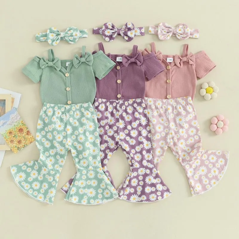 Ensembles de vêtements pour bébés filles, 3 pièces, manches courtes, nœud avant, barboteuse, pantalon évasé, bandeau, combinaisons en coton pour tout-petits