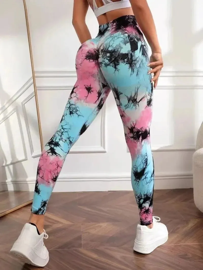 Pantalon de yoga de hanche de pêche teint par cravate, séchage rapide, serré, taille haute, Leggings sans couture, levage de hanche, pantalon de Fitness en plein air 240321