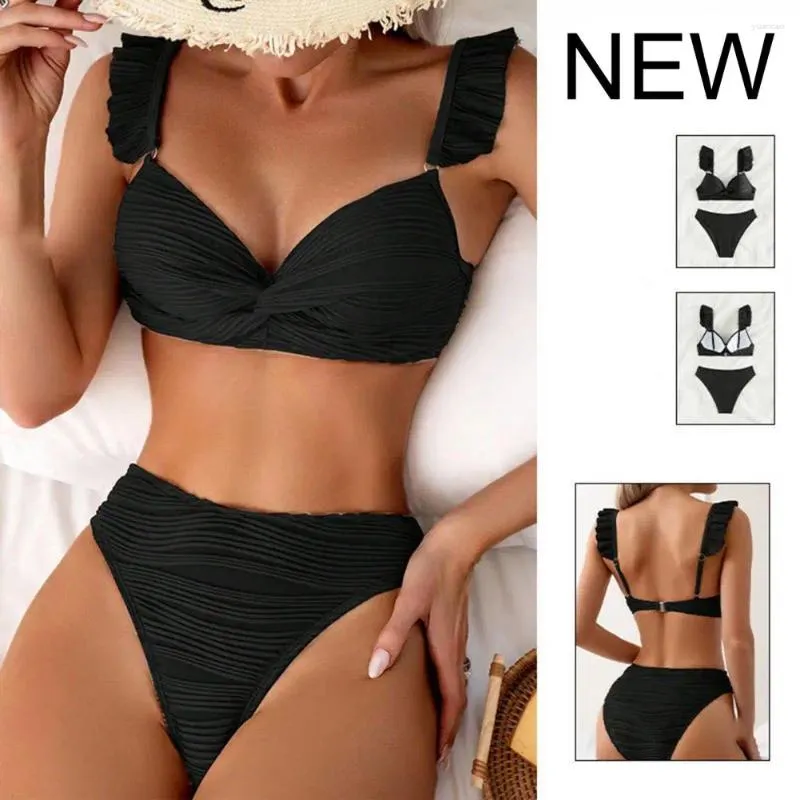 Damen-Bademode, Bade-BH, Badehose-Set, stilvoller Bikini mit Rüschenärmeln und hoher Taille, sexy zweiteiliger Badeanzug für Frauen, einfarbig, Dreieck