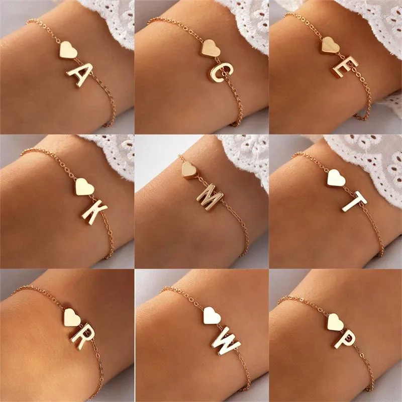 Braccialetti con ciondoli Bracciale a catena iniziale a forma di cuore con 26 lettere alla moda per donne Accessori regalo di amicizia per gioielli semplici femminili di compleanno