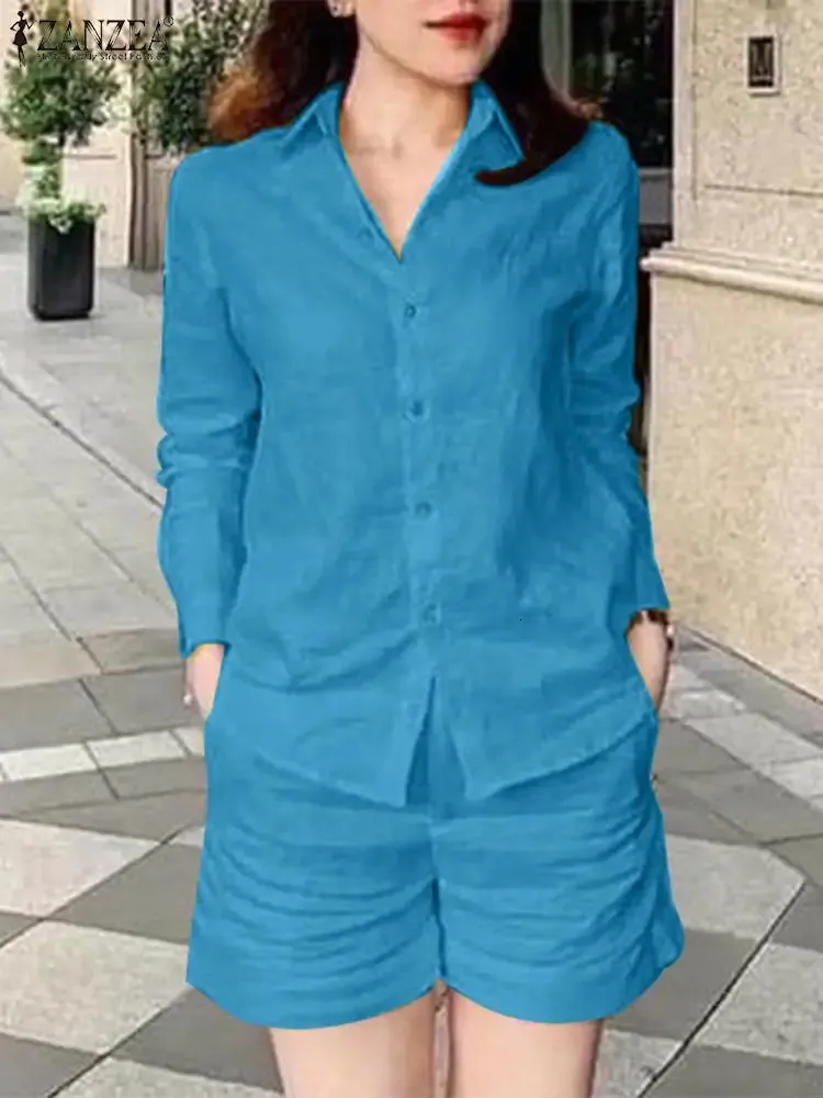 Zanzea moda kadınlar uzun kollu gömlek kısa setleri zarif bahar iş pantolon 2 adet gündelik sağlam kentsel eşofman outifits 2024 240323