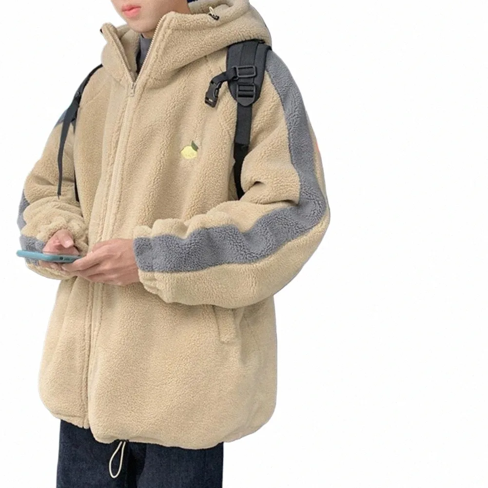 2023 män vinter sherpa jacka ctrast färg lapptäcke fuzzy kappa huva tjock varm lös fleece streetwear harajuku parkas 91cp#