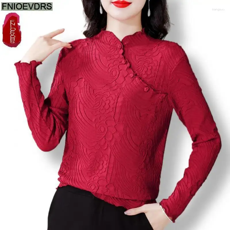 Women's Blouses Year Red Tops Fashion French Design Women Solid Bright Button Stand Collar Basic Elegant Retro Vintage Shirts
