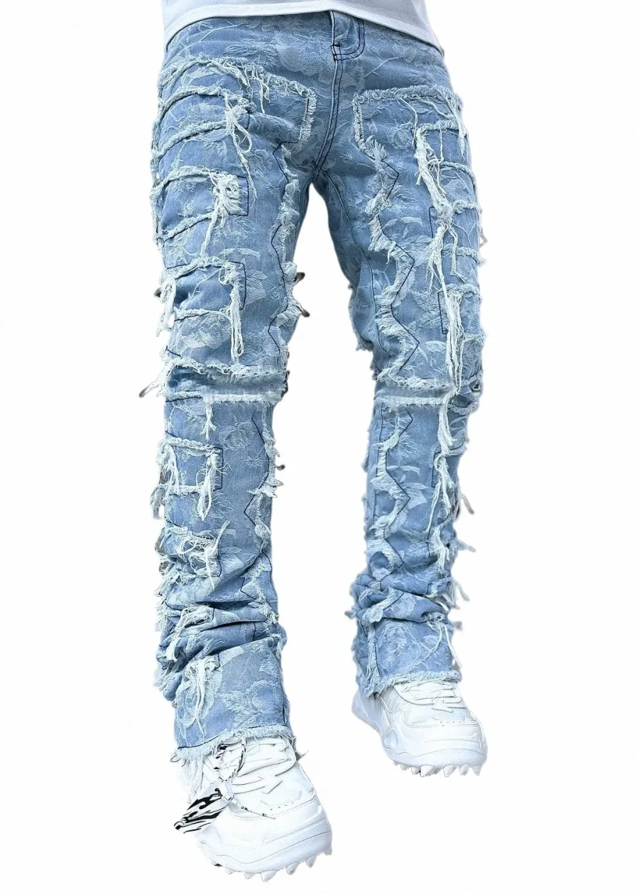 Man staplade jeans elastiska midja rak fit patchworks denim lg byxor fransar rippade jeans för män 20dq#