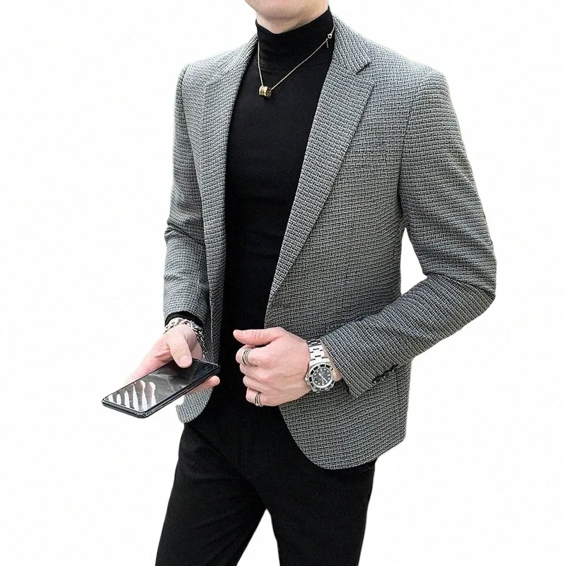 Boutique Men's Fi Busin Solid Color Casual Gentleman Korean Versi of the British Style Wedding Elegant Host Blazer Y10V#