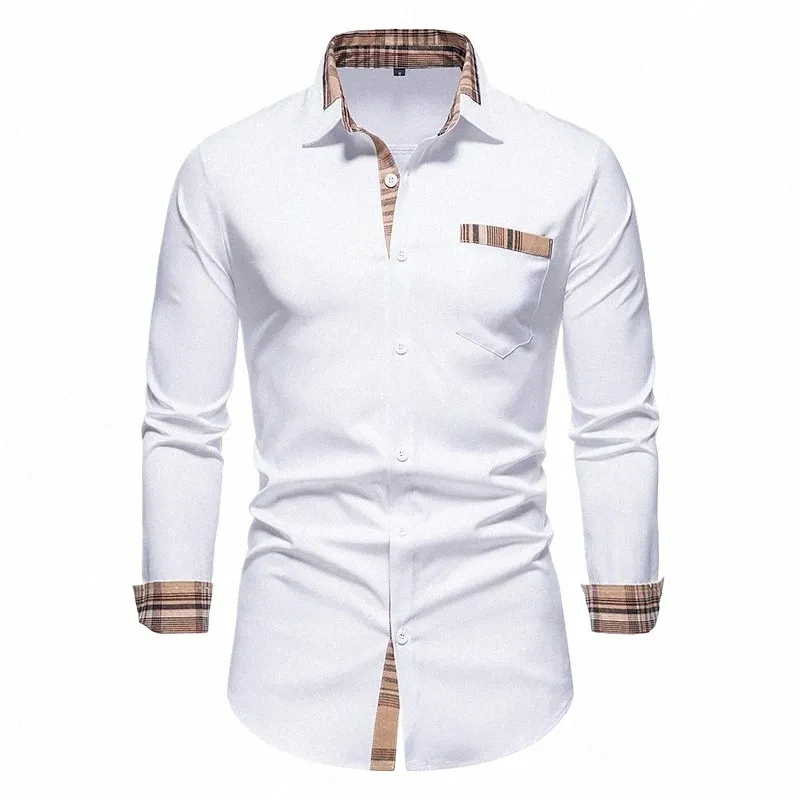 2023 Autumn/Winter New Casual Men's Checkered Shirt Splice Men's LG Sleeve Shirt X2A3#