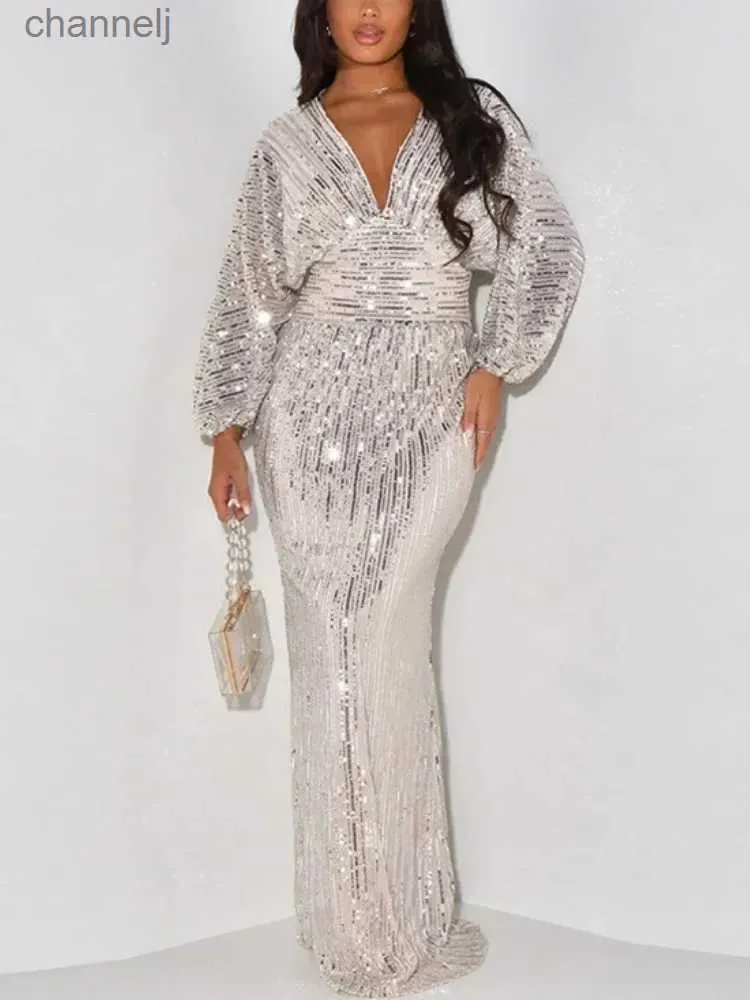 Robes sexy urbaines argent paillettes fête femmes col en V profond à manches longues empire longueur au sol brillant cocktail robes de soirée automne 2024 yq240327