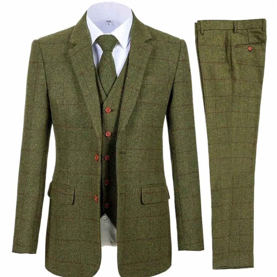 3 -częściowy garnitura Bussin formalny wycięcie klapy drużbowce wełniane wełniane smokowanie Plaid Tuxedos na imprezę Wedding Blazer+kamizelka+spodni D4K5#