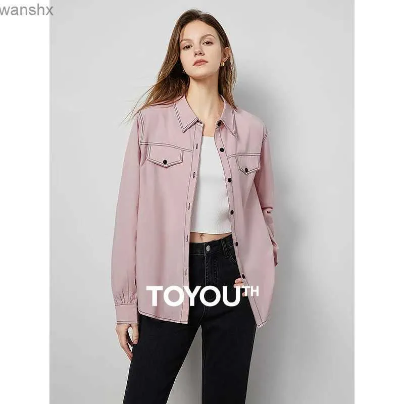 Women's Blouses Shirts Toyota Womens Shirt 2024 Spring New Modal Material Comparison Pocket Long Sleeve Office Womens Pink TopL240328