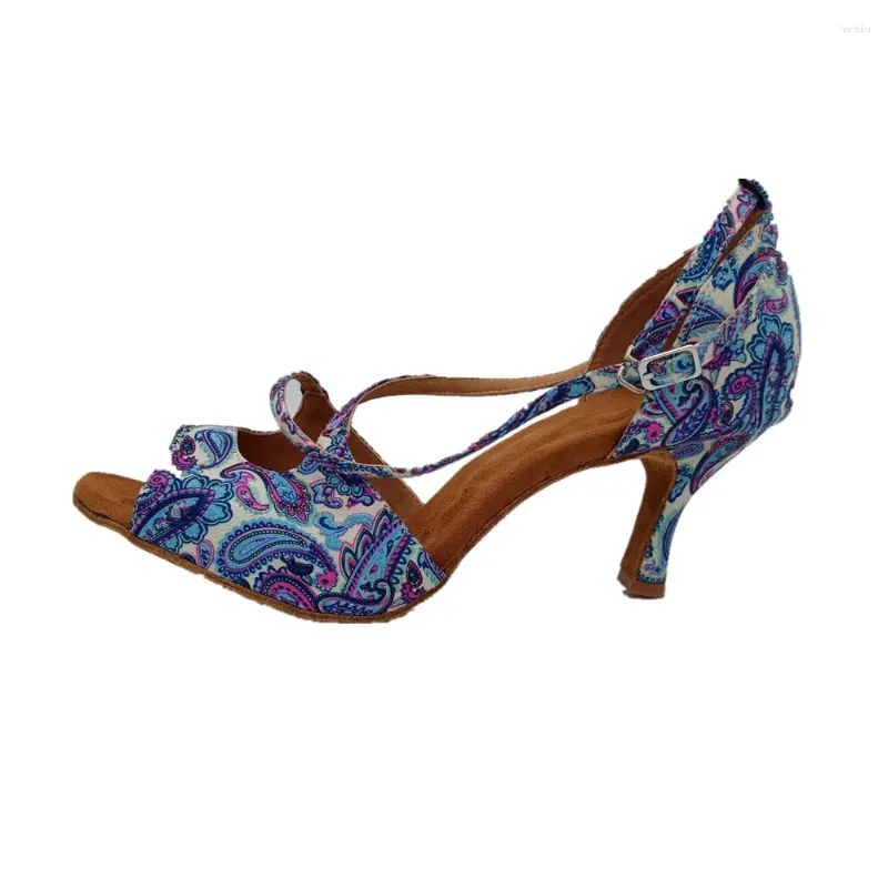 Танцевальная обувь Evkoodance, высота каблука 7 см, атласная латинская обувь, размер US4-12, женская с цветочным принтом из искусственной кожи, профессиональная Evkoo-612