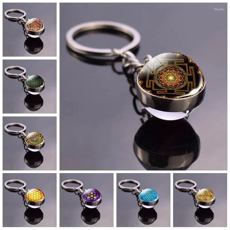 Keychains Sri Yantra Mandala Key Chains Buddhist Sacred Geometry Rings Yoga Spiritual Glass Ball Buckle Jewelry