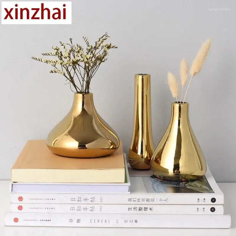 Vaser Modern Gilded Ceramic Vase Creativity Mini Office Desktop Flower Simplicity Living Room TV Cabinet Dried Flowers Organizer