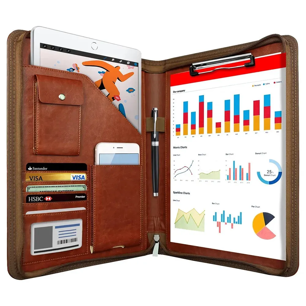 Carnet réutilisable intelligent A4 Dot Zippered Padfolio Organisateur Planificateur en cuir Dossier Poches Porte-cartes Multifonctionnel Business 240326