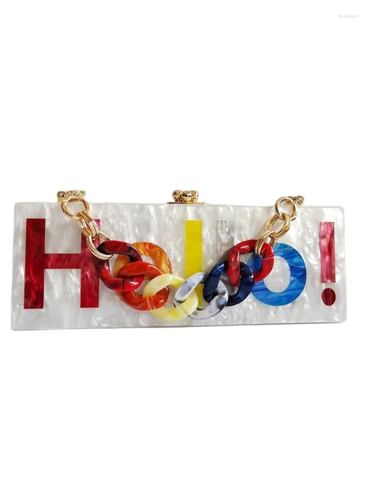 Midjesäckar Pearl White Name Letter Hello Akryl Clutch Party Evening Purse Lady Flap Female Perspex Bag Handväskor för kvinnliga plånbok