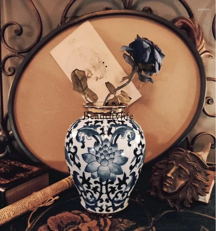 Vases Nostalgic Blue And White Porcelain Gold Plated Vase Decorative Ornament