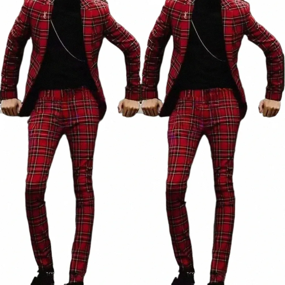 Classic Red Plaid Costume Homme Elegant Prom Party Outfits Skinny Blazer Terno Formella mäns kostymer Terno Male Clothing Luxury Set Q41R#