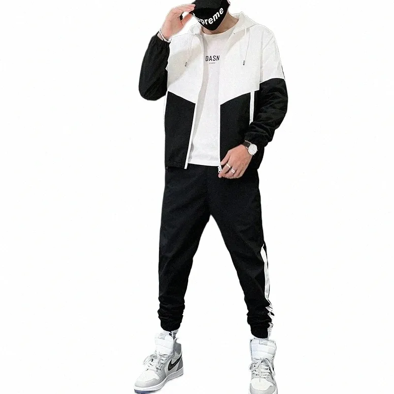 Printemps et automne Nouveaux vêtements de sport pour hommes Casual Jogger Vêtements de sport à capuche Veste et pantalon 2 pièces Hip Hop Running Sports Suit X1hT #