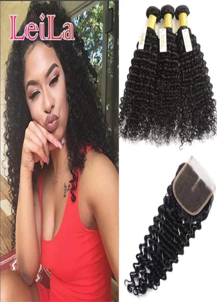 8a Deep Wave Human Hair Bundles med 4x4 spetsstängning Deep Curly Stängning med Bundles Remy Hair Extensions6371790