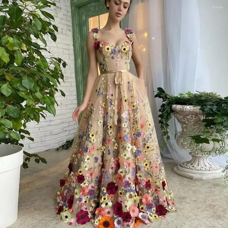 Robes de soirée Jiayigong exquises fleurs 3D bal chérie bretelles florales a-ligne robes de soirée robe formelle avec poches 2024