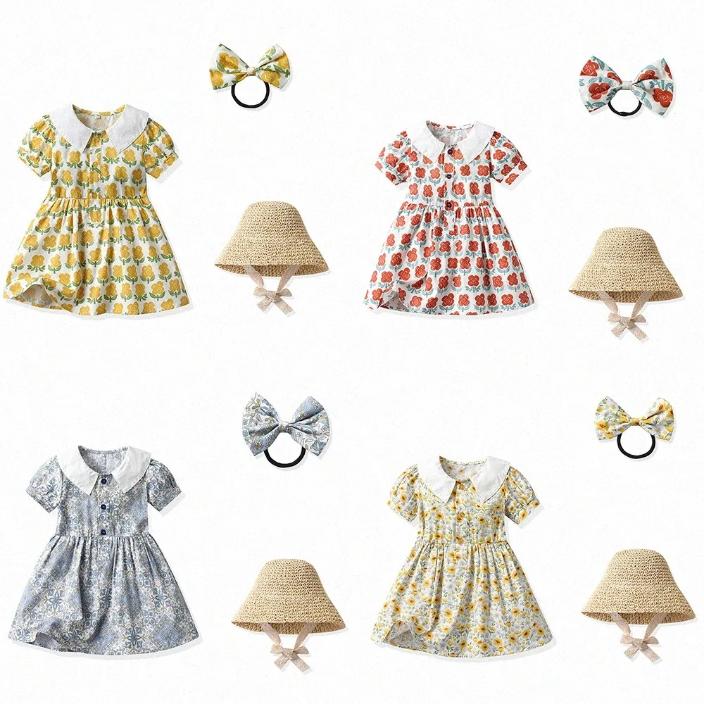 女の子のドレス夏の子供断片化されたフラワードレスガールベビーフリップカラーバブルスカート半袖太陽シェードハットプリンセスドレスフリーヘッドロープサイズ