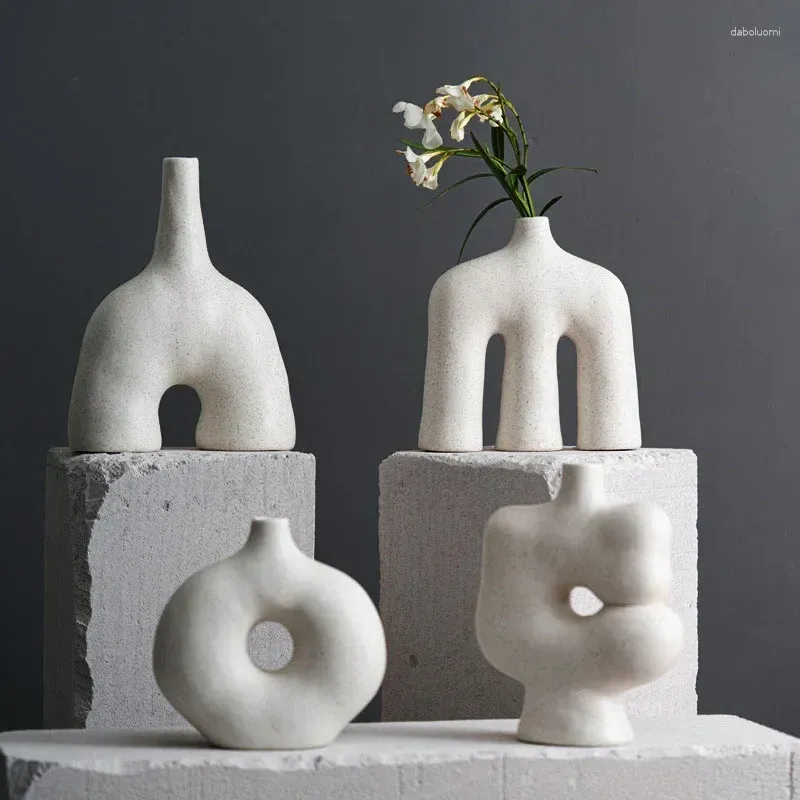 Vasi Ceramica Bianca Vaso Opaco Arte Astratta Moderna Scultura Nordica Soggiorno Ufficio Desktop Decorazione di Fiori Secchi Tavolo