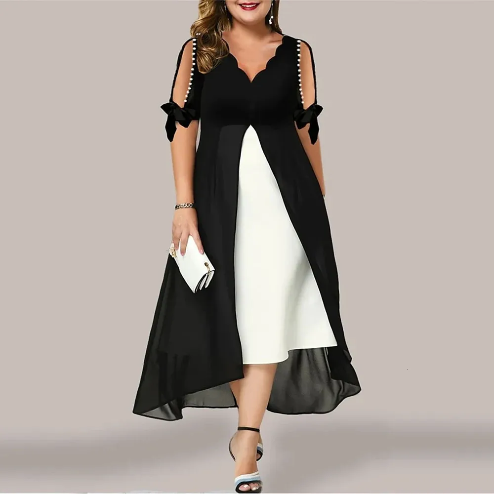 Plus Size Partykleider für Frauen 2023 Mode V-Ausschnitt Hohlperlenärmel Patchwork Unregelmäßiges Kleid Sommer Casual Maxi Vestidos 240312
