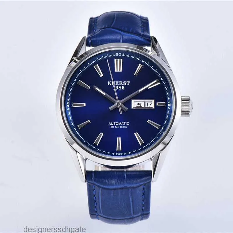 Kuerst Mens Watch Day Date Japan Automatisk rörelse Blue Leather Strap Casual Gentleman Wrist Watch