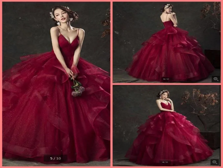 2019 Ny ankomst Bourgogne Ruffled Ball Gown Princess Prom Dress Sweet 16 Spaghetti Straps Pleated V Neck Quinceanera Prom Gowns Be1908262