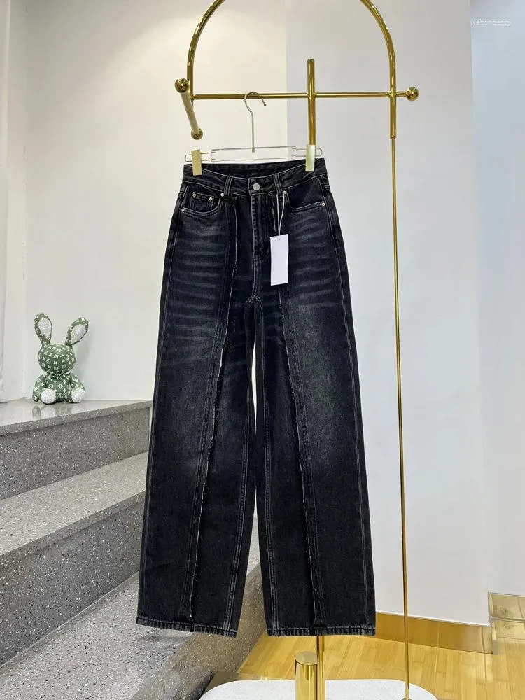 Jeans pour femmes mmsix 2024 arrivée étiquette en cuir numérique noir jambe large pour femmes streetwear tendance femme harajuku jean