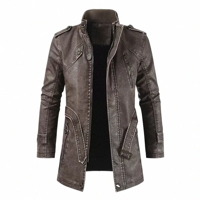 Jaqueta de couro de inverno de lã grossa masculina Lg Outwear Fi Quente Casual Roupas Vintage para Homens Steampunk Biker Jaqueta U9Rm #