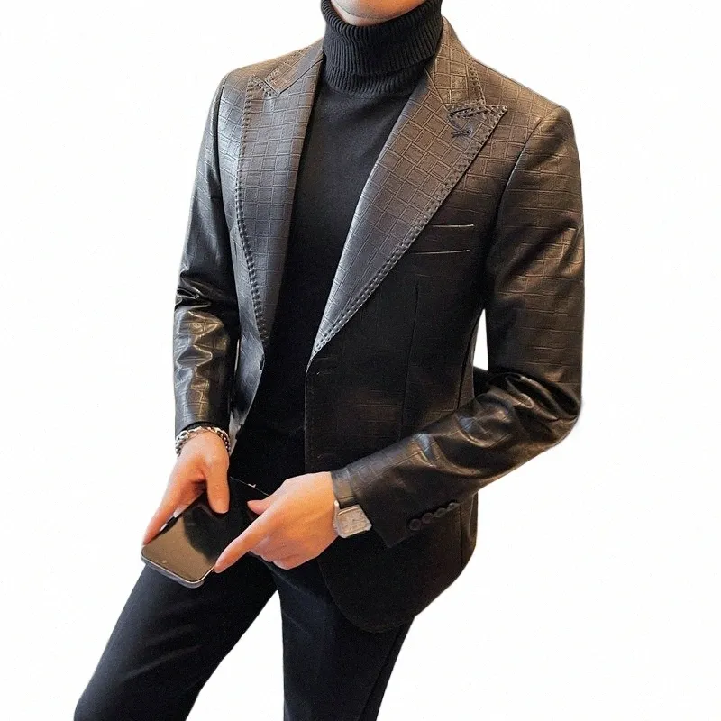 classics Plaid Leather Suit Jackets Men's Solid Slim Casual Busin Dr Blazer Office Wedding Streetwear Social Men Clothing X4Pc#