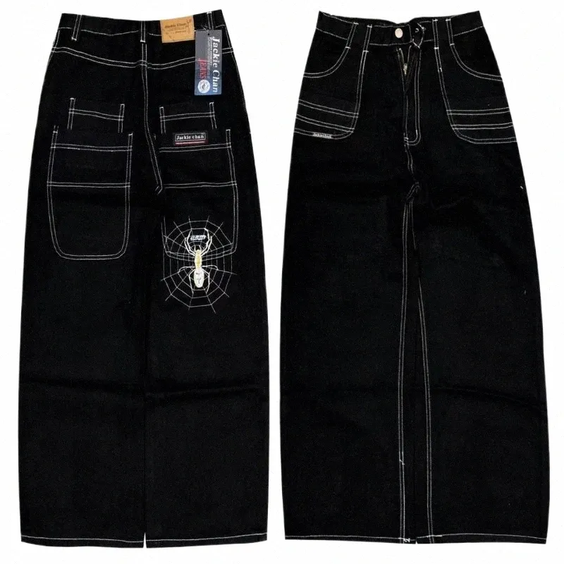 spider Carto Pattern Embroidered Jeans Women 2023 Summer New Black Street Casual Jeans Hip Hop Women High Waist Wide Leg Pants B4of#