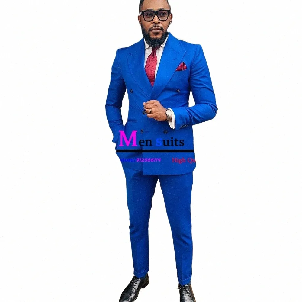 formal Royal Blue Double Breasted Mens Suits 2 Pieces Jacket Pants Set Wedding Tuxedos For Groom Slim Fit Busin Prom Blazer b9zJ#