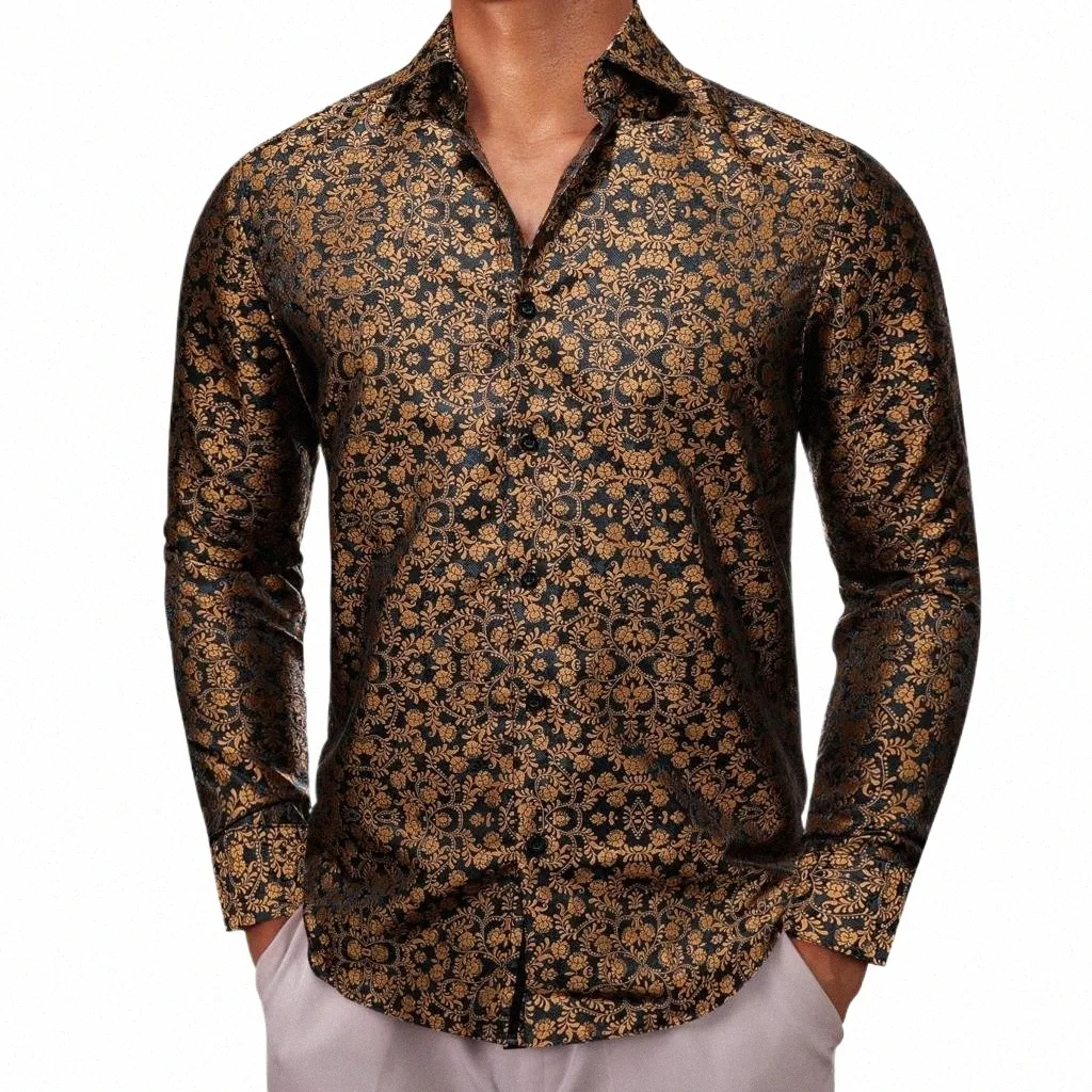 Luxushemden für Männer Seide Lg Sleeve Gold FR Slim Fit Männliche Blusen Lässige formelle Tops Atmungsaktive Barry Wang Y4O3 #