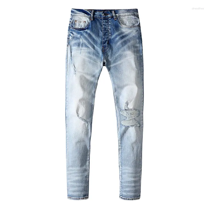 Men's Jeans 2024 Fashion Brand High Street Gradient Blue Ripped Patch Vintage Wash Cotton Pants Motor Biker Skinny Denim Trouser