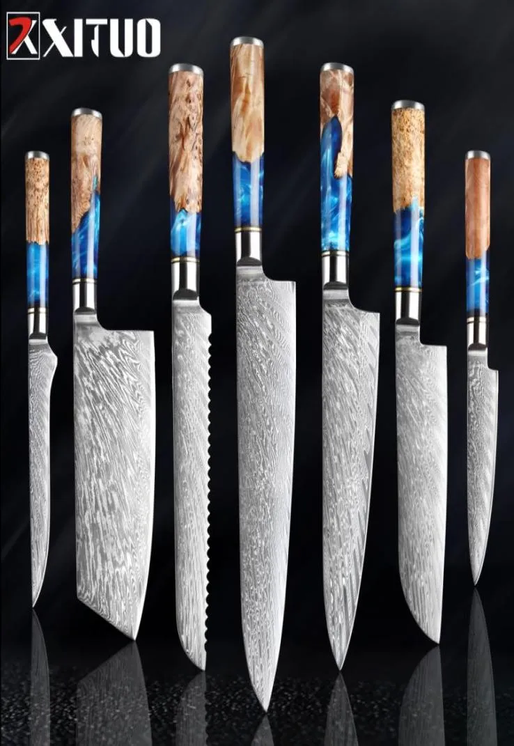 Xituo Kitchen Nóż Damascus Steel VG10 Szef Chef Nóż Cleaver Parowanie noża do chleba niebieska żywica i kolor drewniany narzędzie do gotowania 2300580