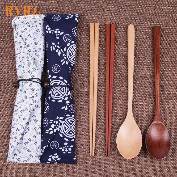 箸高品質の天然木製スプーンセット旅行ポータブルディナーウェア環境ピクニックギフトギフト布バッグ