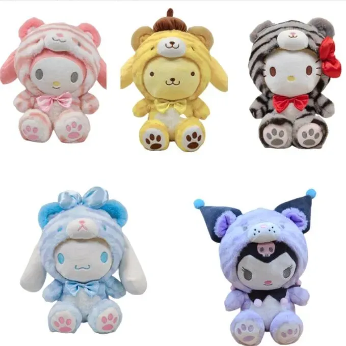 Anime mignon transformé en peluche Kuromi à motifs de tigre, licorne, jade, chien noble, poupée en peluche Melody