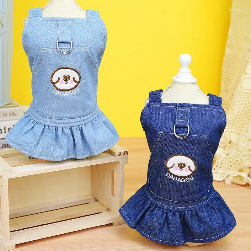 Hundkläder Cat Denim Strap Dress Deep/Light Blue Pet Clothes D-Ring Cowboy for Small Dogs Chihuahua valpkjol XS-XL