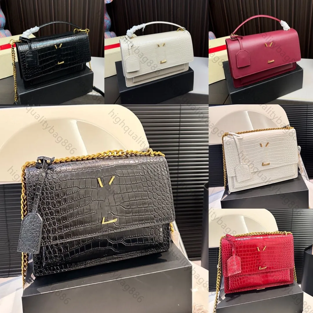 Sac de créateur de haute qualité Sac messager pour femme Sac à bandoulière de luxe Logo d'étiquette en or Alligator gaufrage Sac à chaîne en cuir brillant Sac à bandoulière Sac à main Sunset