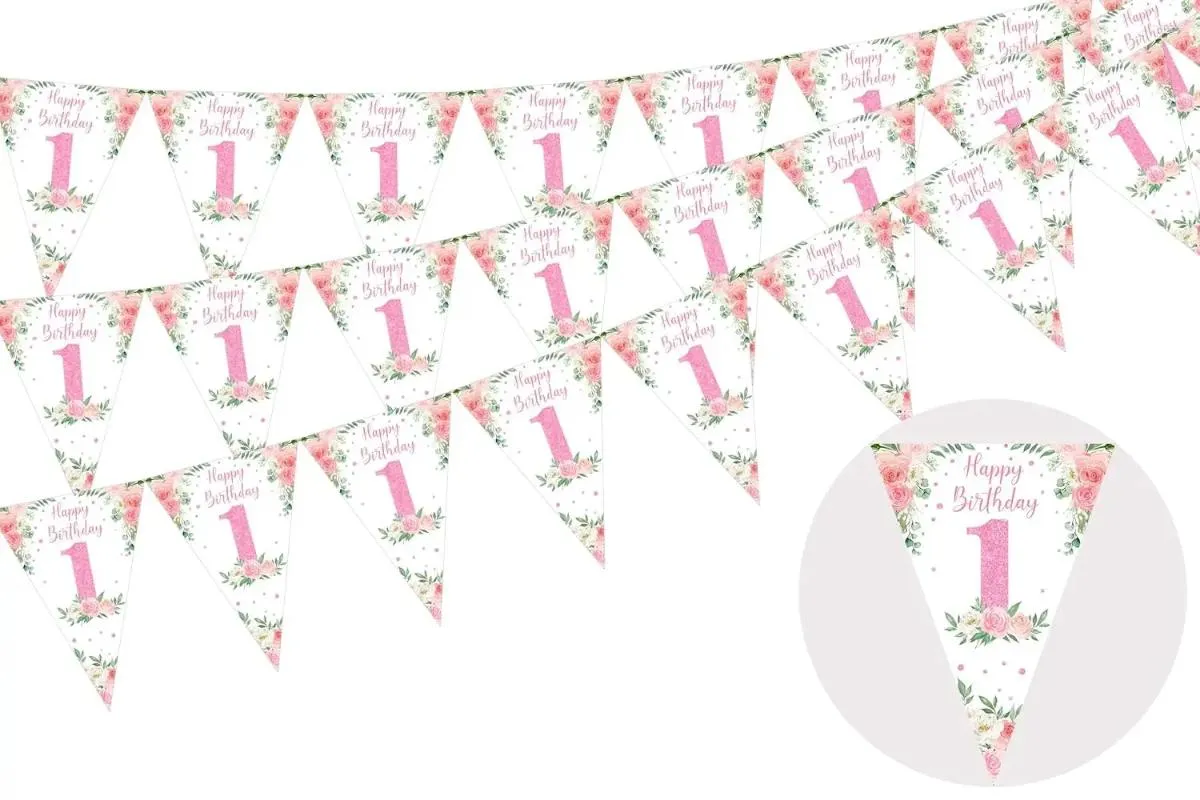 Décoration de fête Joyeux Anniversaire Bannière Pour 1er Triangle Drapeau Floral Fanion Bébé Décor 36 PCs