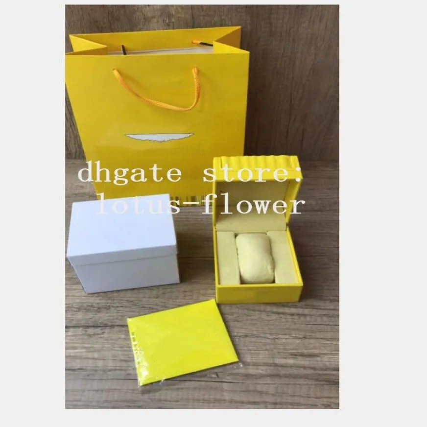 Boîtes à montres jaunes carrées pour montres de luxe, avec livret, étiquettes et papiers en anglais INV 16207U