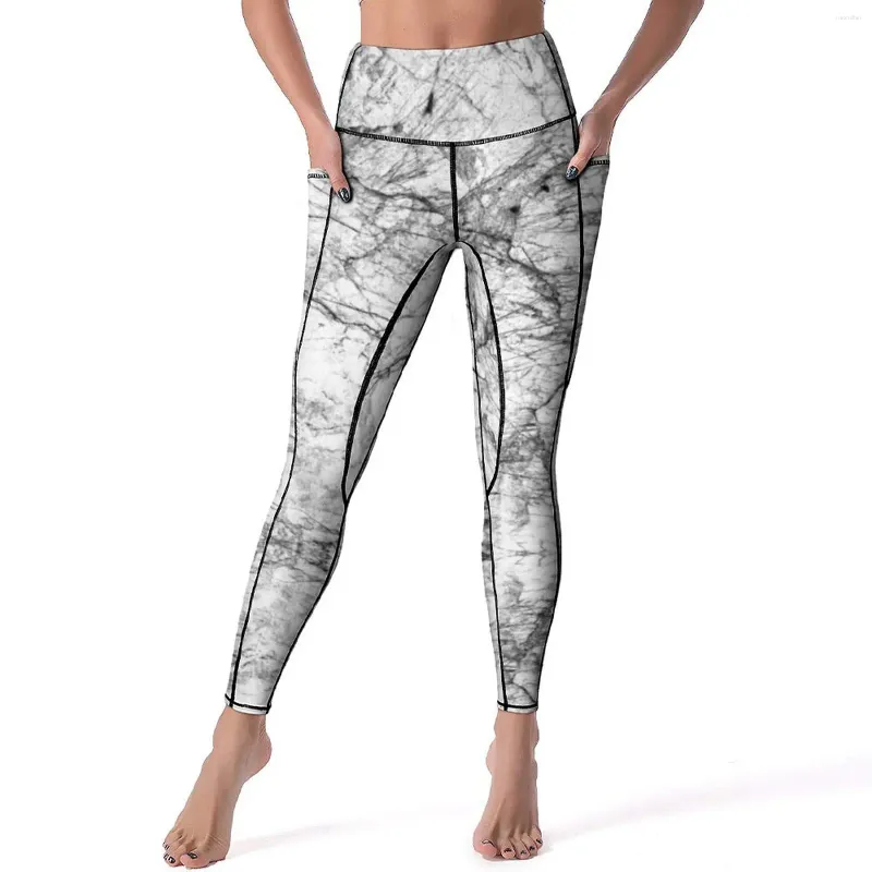 Leggings da donna in bianco e nero in marmo naturale sexy moderni con texture finta marmi che eseguono pantaloni da yoga a vita alta elasticizzati