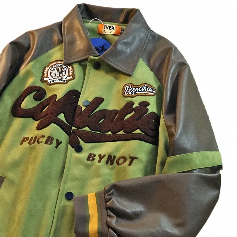 Pu Tide Brand Retro American Hip-Hop Lapel Men's Jacket Y2Kルーズ野球ユニフォームトレンドカップルレザースリーブステッチジャケットx9n0＃