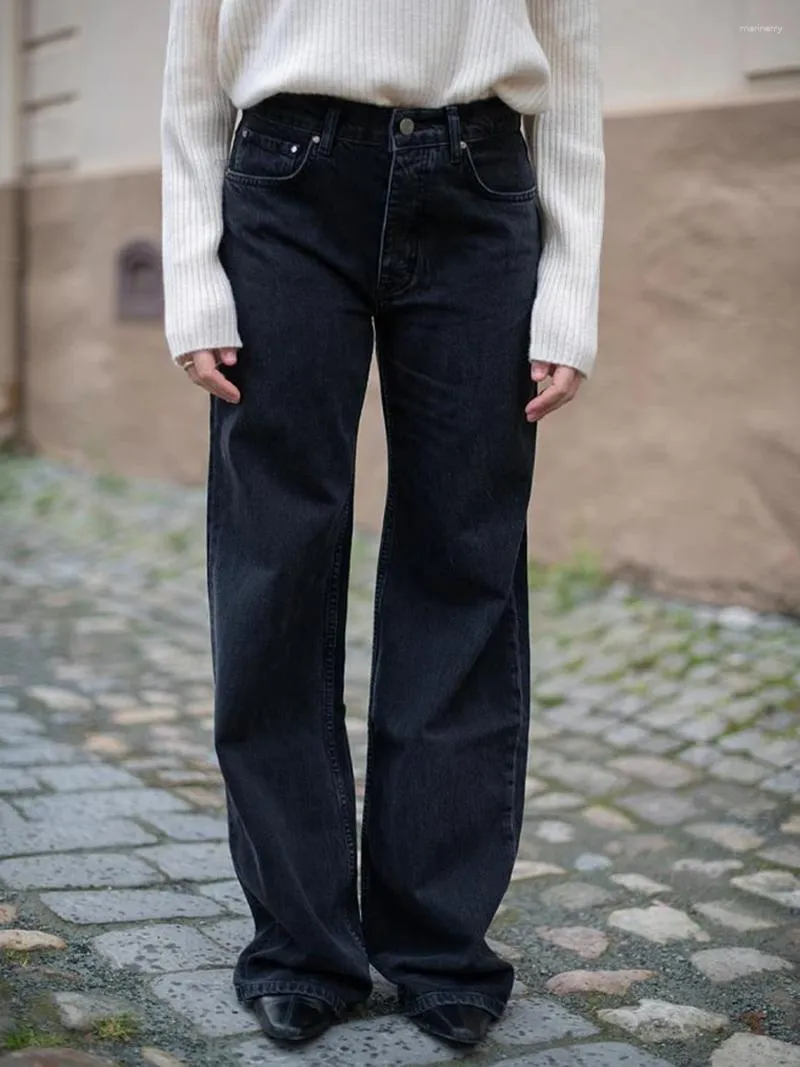 Jeans pour femmes Noir Large Jambe Femmes Printemps Classique Chic Taille Haute Poche Lavé Denim Pantalon Dames Mode Casual Long 2024