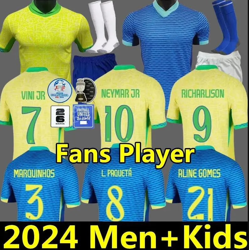 BraziLS Soccer Jersey 2024 Copa America Cup NEYMAR VINI JR Kids Kit Sets 2025 BRasIL National Team Football Shirt 24/25 Home Away Player Version RODRYGO MARTINELLI